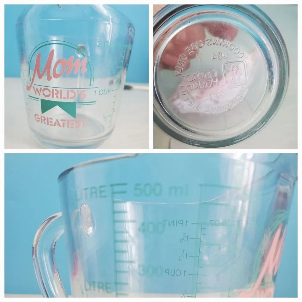 Vtg Anchor Hocking Glass Measuring Cup Worlds Greatest Mom 2 Cup Pink Teal USA